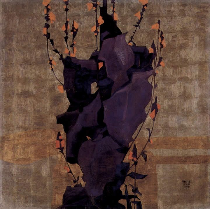 Egon Schiele Stylized flowers before decorative background still life